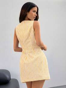 SHEIN SXY Summer Casual Striped Tie-Knot Sleeveless Mini Dress Lace Up Dress Sexy Summer Dress Rope Dress Sexy Sundress Cruise Dress - Yellow - View 2
