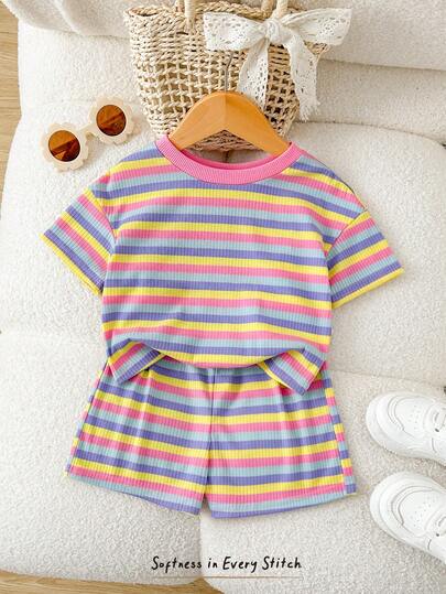 Cozy Pixies 2件套女婴撞色针织柔软圆领短袖上衣和松紧腰短裤套装