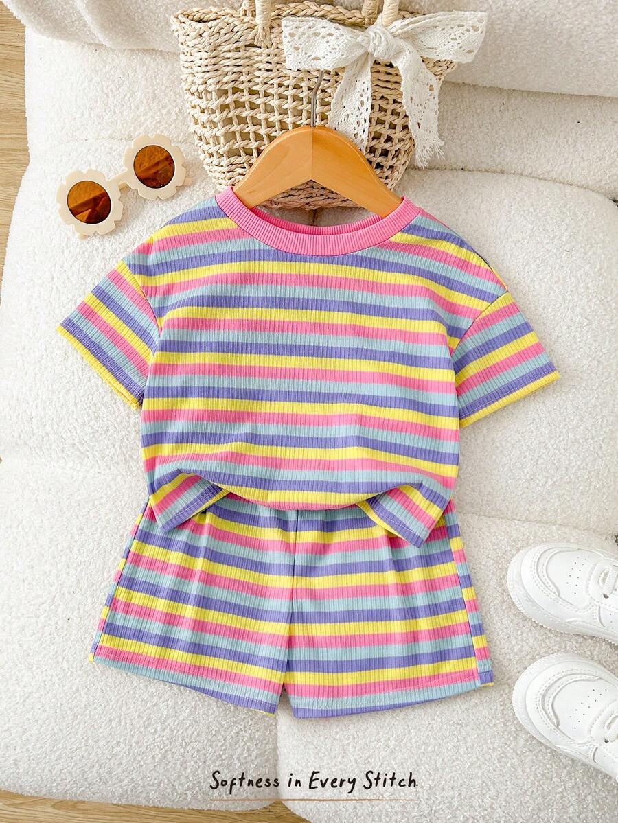 Cozy Pixies 2件套女婴撞色针织柔软圆领短袖上衣和松紧腰短裤套装 - 彩色 - 查看 1