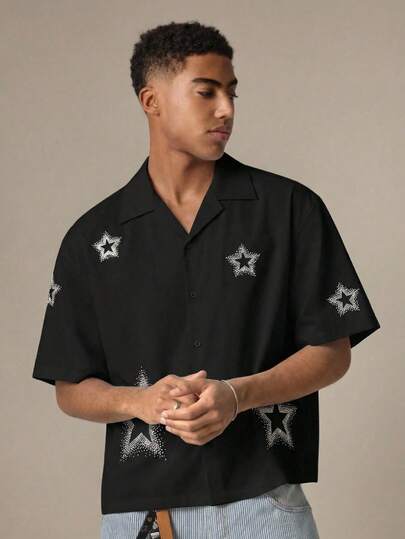 SWAVVY Men's Fashion Rhinestone Embellished Short Sleeve Shirt, Spring/Summer