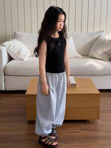 DAZY 两件套女童纯色圆领无袖上衣和格子裤套装，秋季服装 - 黑色 - 查看 3