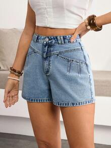 Breezaya 女士休闲水洗高腰牛仔短裤，夏季 - 藍色 - 查看 3