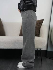 SAYEHFBABY 女式中腰宽松直筒休闲牛仔裤 - 淺色水洗藍 - 查看 5