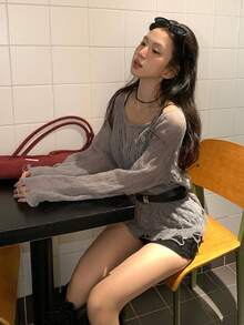 DAZY Women's Sweet & Cool Hollow Out Knit Blouse - Grey - View 6