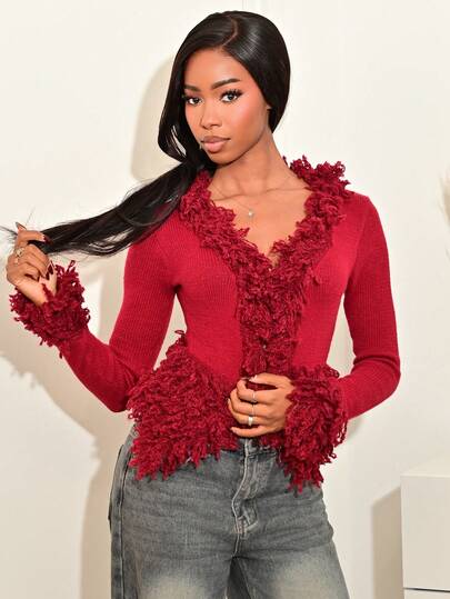 Mima John Vintage Shaggy Trim Knit Cardigan Spring Y2K 90's Casual Cute Summer Holiday Summer Festival Fall Back To School Autumn Winter Everyday Christmas Work Fall Thanksgiving Chic