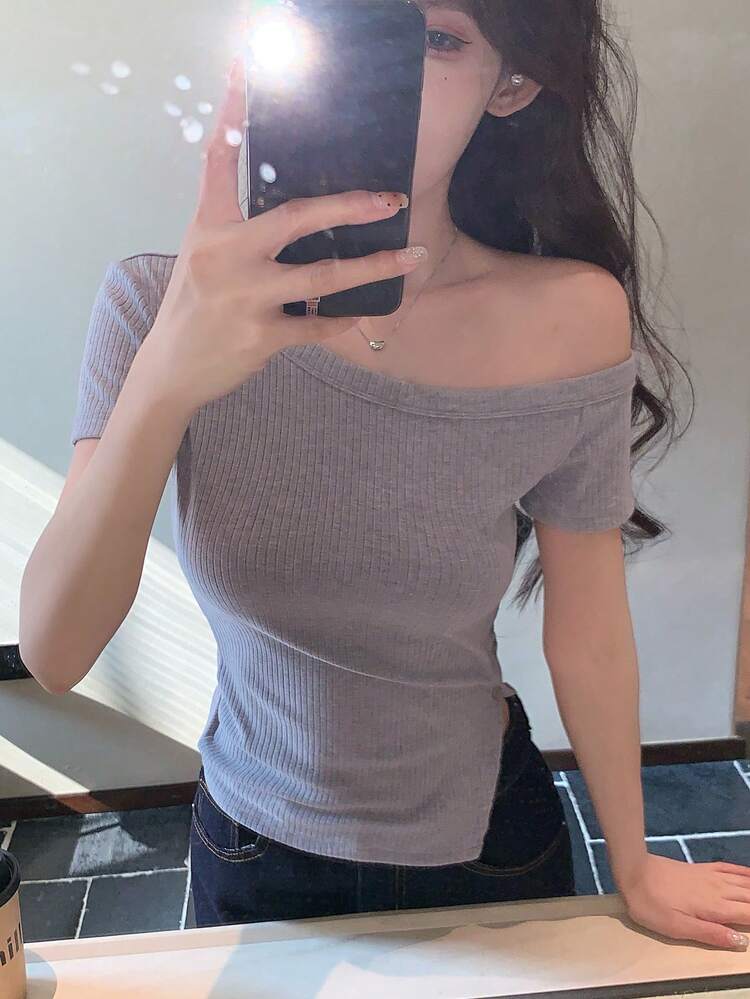 Women's Casual Solid Color Asymmetric Neck Side Slit T-Shirt, Summer