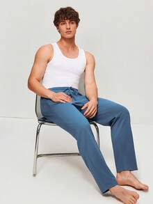 LUVLETTE 春夏男士藏蓝色基础款柔软100%纯棉睡裤家居服可外穿透气睡裤秋季睡衣 - 藍色 - 查看 8