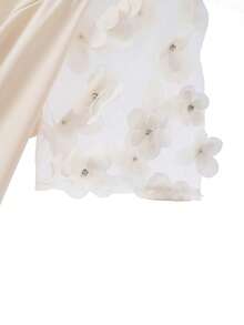 GlowEve CURVE Vestido de satén midi de línea A con cuello de gota, decoración de encaje floral y volantes en las mangas cortas, adecuado para citas románticas y reuniones, talla grande para mujeres - Albaricoque - Ver 4