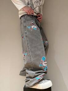 STEELVANCE 休闲宽松直筒牛仔裤，饰有花卉刺绣，百搭街头风服饰 - 灰色 - 查看 4