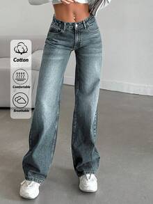 SHEIN Tall Women's Casual Washed Low-Waist Straight Leg Jeans - Dusty Blue - View 1