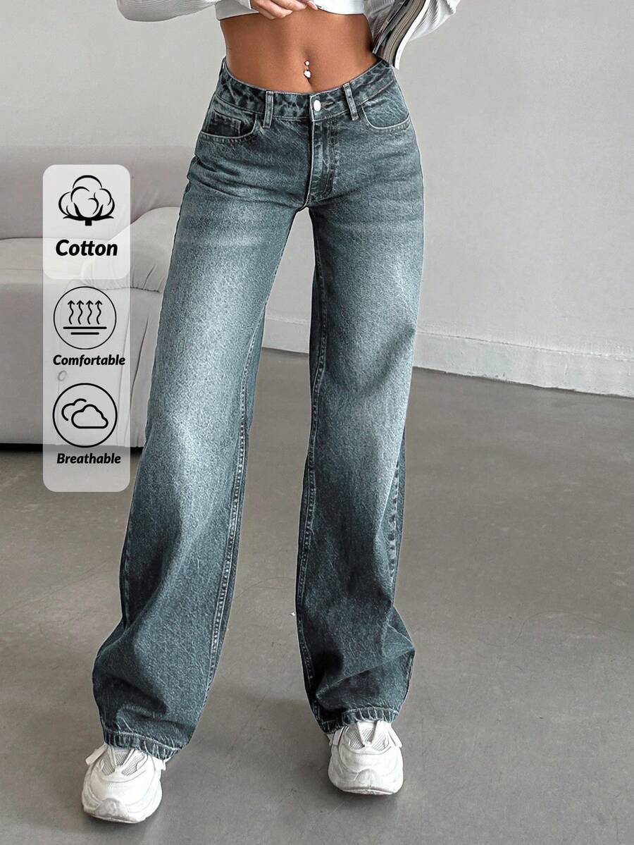 SHEIN Tall Women's Casual Washed Low-Waist Straight Leg Jeans - Dusty Blue - View 1