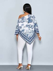 SOLERSUN 女士加大码休闲优雅杏色印花不对称领长袖不对称下摆衬衫斜肩开衩袖宽松时尚衬衫复古日落假日印花蝙蝠袖上衣新款上市百搭日常通勤、外出、静谧奢华假期 - 藏蓝色 - 查看 3