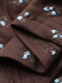 DAZY 2pcs Women Floral Lace Patchwork Slim Fit Long Sleeve Top And Long Pants Pajama Set - Coffee Brown - View 9
