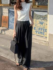 FRIFUL Damen Rollkragen ärmelloses Lässig City Tank Top mit strukturiertem Stoff Dekor - Aprikosenfarben - Übersicht 3