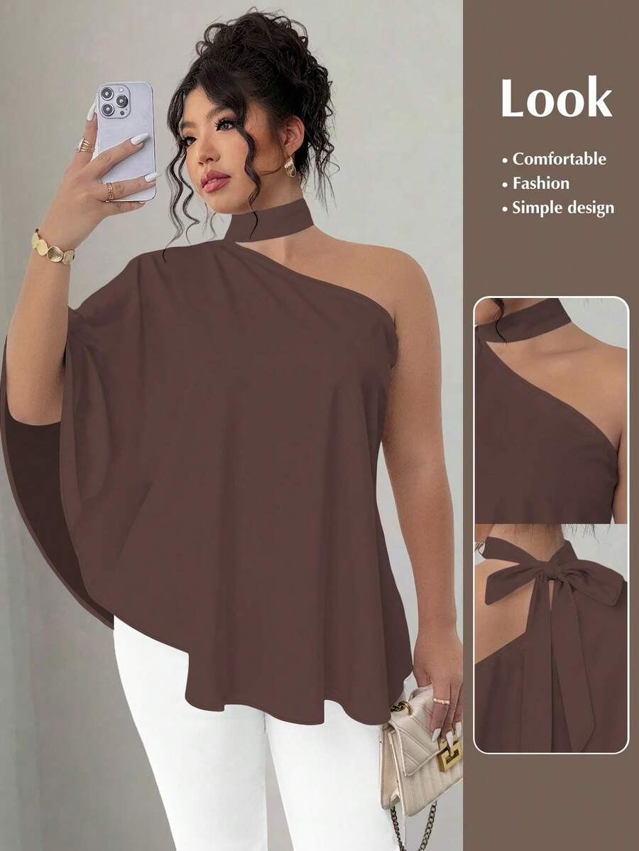 SHEIN Elenzya 大码斜领露背扎染印花衬衫 - 棕色 - 查看 1