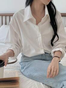 DAZY Women's Loose Fit Turndown Collar Long Sleeve Casual Shirt - White - View 9