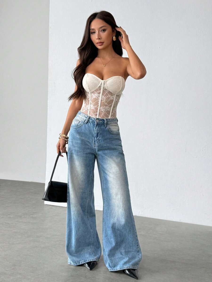 SHEIN PETITE 女士黑色蕾丝连体衣：无肩带无袖针织薄纱花卉内衣上衣