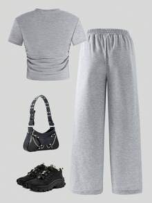 SHEIN Teenager (Female) Casual Basic Versatile Daily Home Spring Summer All Season Undershirt American Sports Street Round Neck Tight Shorts T-Shirt And Loose Pants Sweatpants Matching Solid Color Knit T-Shirt Set - Grey - View 4