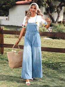 Breezaya 女士休闲阔腿牛仔背带裤 - 淺色水洗藍 - 查看 2