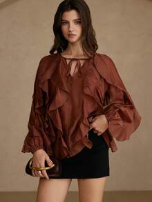 Aveloria Rosie French Atmosphere V-Neck Tie Multilayer Ruffle Trim Lantern Sleeve Long Sleeve Blouse - Brown - View 4