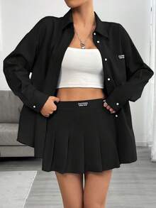 Comfortcana 2pcs Plus Size Set: Black Long Sleeve Blouse And Shorts Skirt With Included Shorts, Spring/Summer - Black - View 5