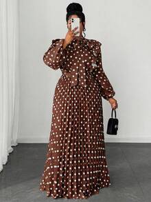 Maweii Plus Size Women Elegant Romantic Delicate French Polka Dot Wedding Guest V-Neck Chiffon Ruffle Puff Sleeve Cinched Waist Pleated Flowing Maxi Dress Dress Modest Brown Long Dress Brown Elegant Dress Women Brown Polka Dot Dress - Multicolor - View 5