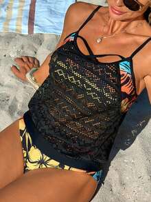Swim Lushoire Women Multicolor Casual Tankini Set With Short Tropical Print Bikini Bottoms And Sleeveless Contrast Lace Top - Multicolor - View 3