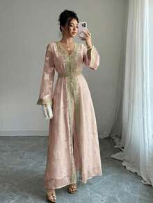 Rafferiza 女士V领长袖金色蕾丝拼接长裙 - 粉色 - 查看 6