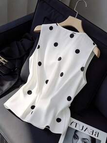 Franclia Women's Summer French Casual Minimalist V-Neck Sleeveless Polka Dot Print Loose Pullover Blouse - White - View 2
