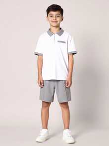 SHEIN 两件套男童休闲校服/学院撞色拼接 Polo 领衬衫短裤套装，适合通勤、上学、日常休闲、运动、春夏穿着。 - 彩色 - 查看 5