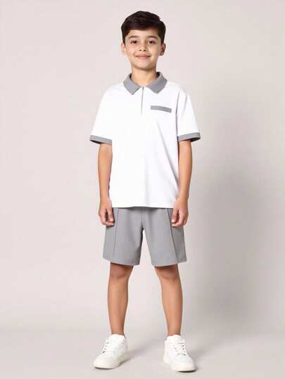 SHEIN Set de 2 piezas de camisa polo con cuello y pantalones cortos de color block de contraste para niños preadolescentes, adecuado para ir a la escuela, el colegio, uso casual diario, deportes, primavera/verano