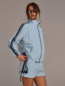 Athîral 女士侧条纹插肩袖休闲运动夹克 - 藍色 - 查看 4