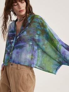 Aveloria Modichic Garden Print Flowy Loose Chiffon Cropped V-Neck Long Sleeve Blouse - Multicolor - View 2