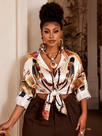 Maweii Plus Size Vintage Totem Print Loose Casual Long Sleeve Shirt