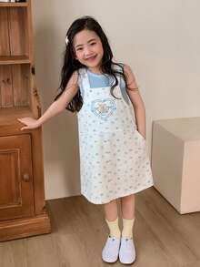 DAZY Vestido de peto vaquero informal con bolsillo, estampado floral y lazo para niña - Beis - Ver 4