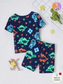 1 Set Young Boy Pajamas, Navy Blue Glow-In-The-Dark Round Neck Short Sleeve T-Shirt With Colorful Star, Green Dinosaur And Light Blue Block Print, Matching Shorts, Soft And Comfortable Knit Fabric, Suitable For Summer Indoor And Outdoor Wear - Multicolor - View 2