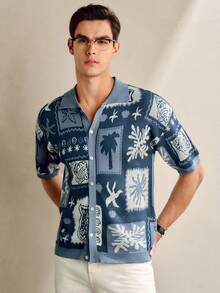 Manfinity Homme 男士椰树图案 Polo 领纽扣短袖针织衫 男士度假装 蓝色印花衬衫 男士度假服装 男士衬衫 男士夏威夷衬衫 男士波西米亚风衬衫 男士度假套装 印花 - 彩色 - 查看 4