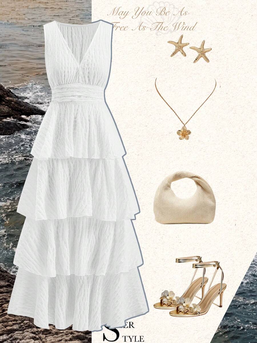 Ellevyn 女士V领收腰豹纹层叠无袖连衣裙，优雅日常穿着，春夏秋季皆宜 - 白色 - 查看 1