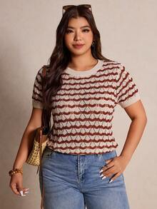 Elaquor 大码优雅法式镂空针织外壳图案透气休闲百搭套头针织上衣，适合女士，春夏款 - 米色 - 查看 4