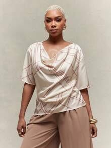 Vixey Satin Geometric Stripe Cowl Neck Drop Shoulder Short Sleeve Draped Blouse - Beige - View 2