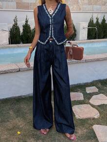 DAZY Women's Casual Denim Vest And Jeans Set, Summer - Blue - View 2