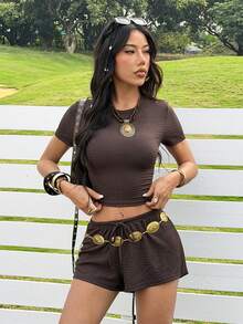 SHEIN EZwear 咖啡色针织女式休闲家居服套装 - 咖啡棕 - 查看 4