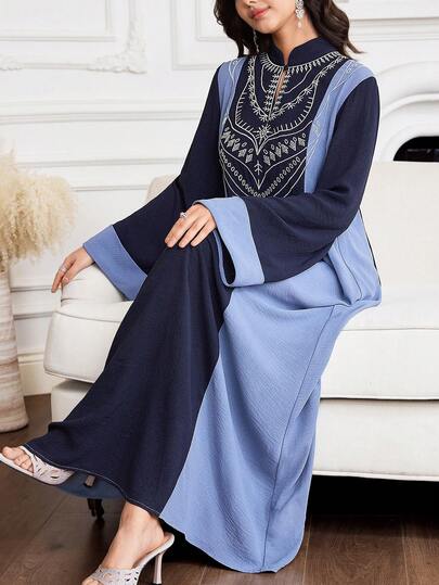 Al Najma 保守休闲刺绣撞色女士土耳其长款束腰外衣，女士阿拉伯连衣裙