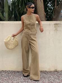 DAZY 女士休闲牛仔套装 - 圆领短袖上衣和裤子 - 卡其色 - 查看 6