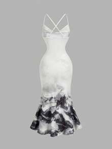 SHEIN MOD 女士垂褶领扎染修身美人鱼连衣裙 - 黑與白 - 查看 2