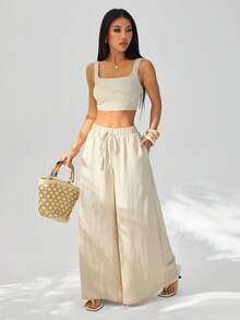 SHEIN PETITE New Spring/Summer Vacation Casual Fishbone Strap Top And Wide Leg Pants With Pockets 2 Pieces Textured Fabric Set - B - Apricot - View 1