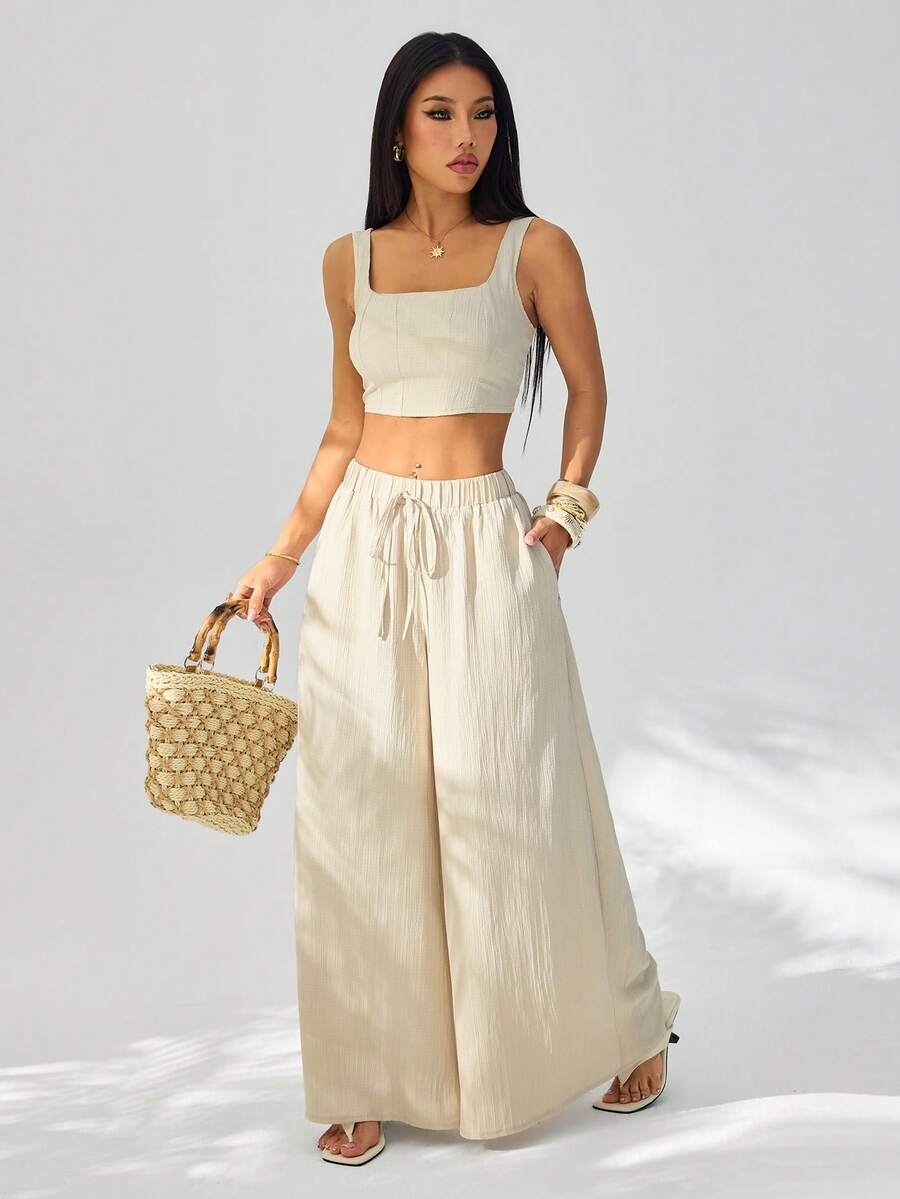 SHEIN PETITE New Spring/Summer Vacation Casual Fishbone Strap Top And Wide Leg Pants With Pockets 2 Pieces Textured Fabric Set - B - Apricot - View 1