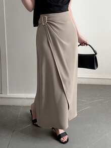 DAZY Women's Solid Color Metal Decor Elegant Office Skirt Summer - Khaki - View 4