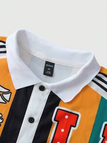 ROMWE MEN Men's Polo Shirt, Daily Casual American Striped College Style English Print Short Sleeve Polo Shirt - Yellow - View 5