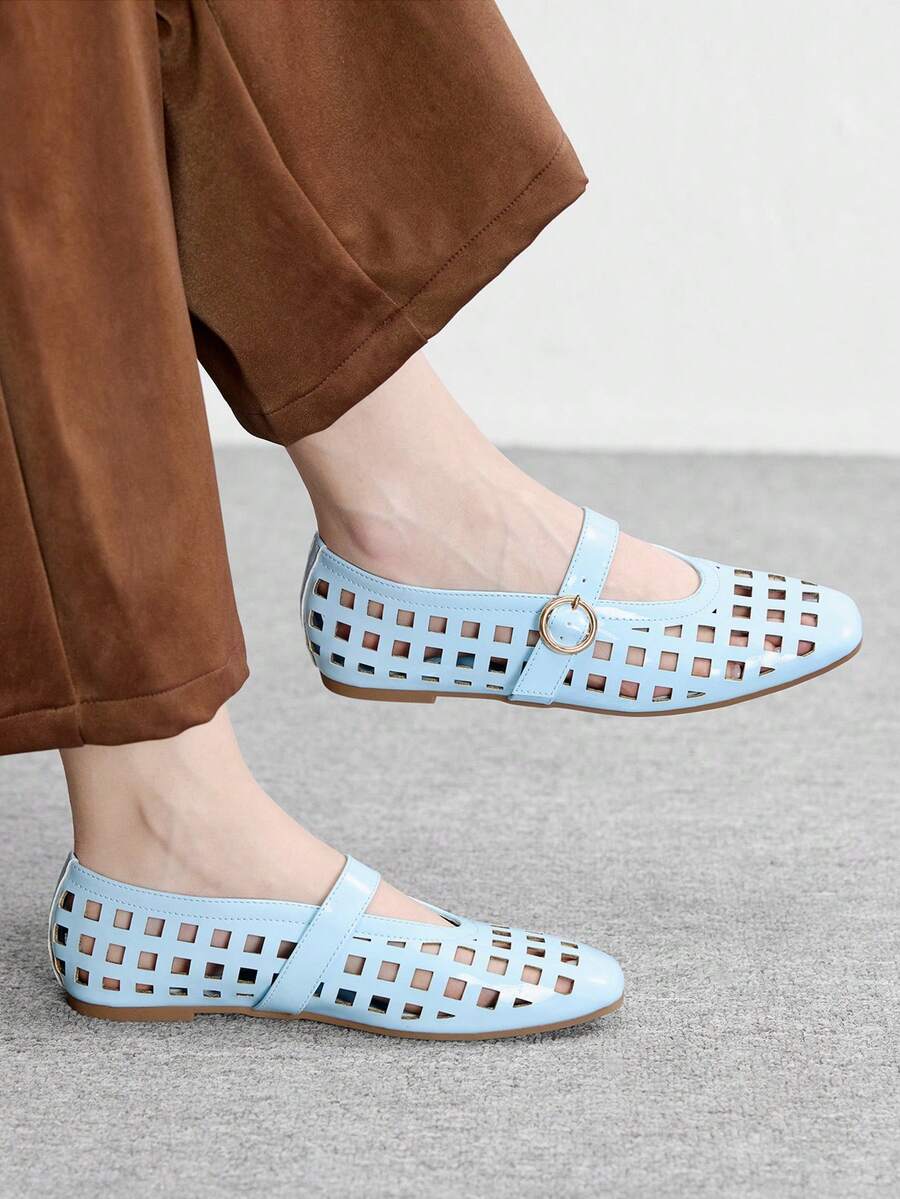 CUCCOO BIZCHIC 复古玛丽珍鞋,女士镂空平底鞋,时尚舒适,四季皆宜,秋冬季圣诞节必备 - 藍色 - 查看 1